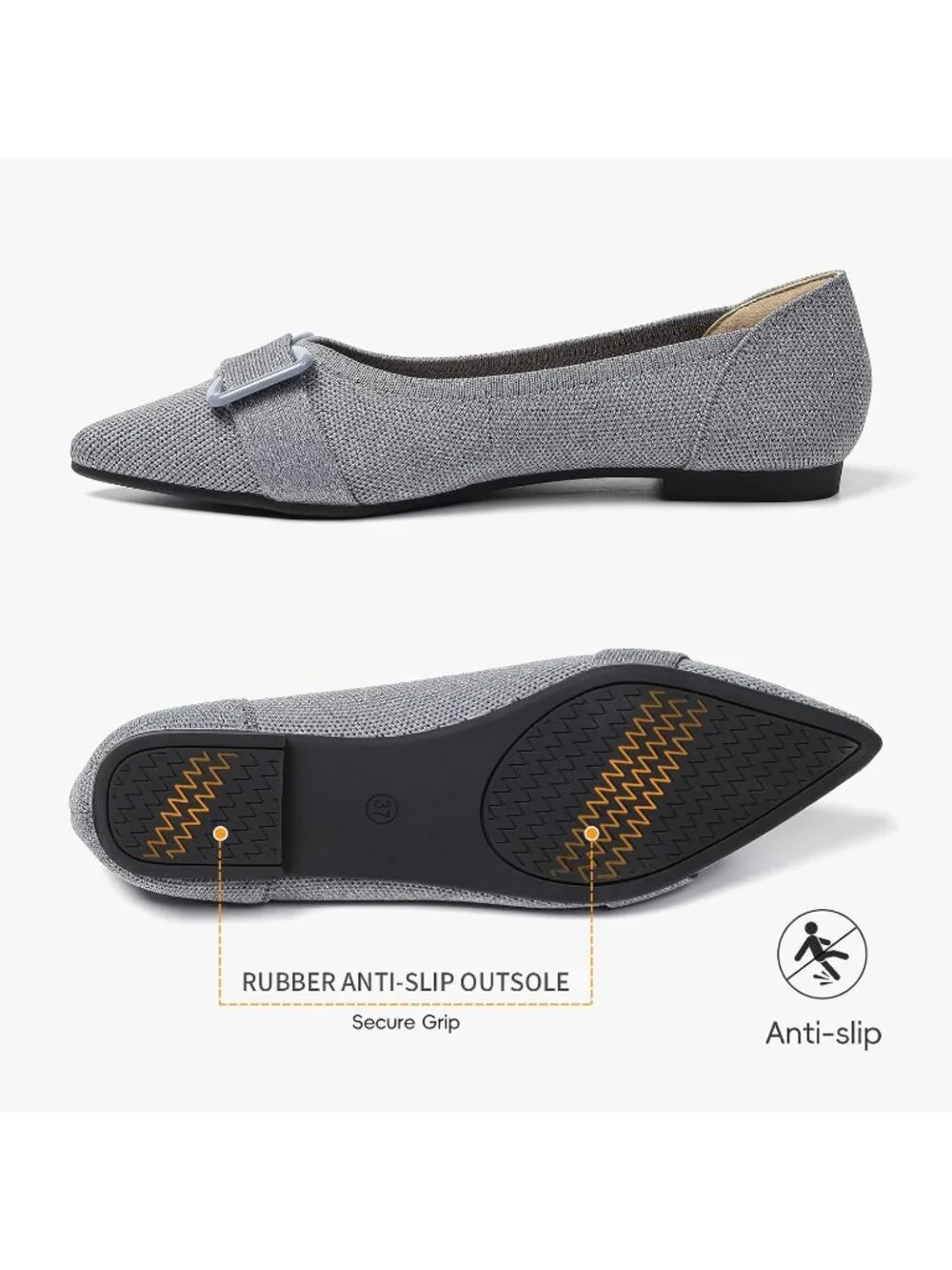Women's Grey Arch Support Dress Pointed Toe Comfortable Knit Ballet Flat Shoes